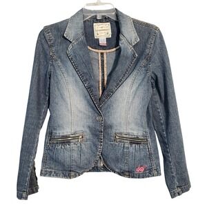 Y2K Unionbay Juniors XL Denim Jean Jacket Indigo Sky Stretch Flowers Detail